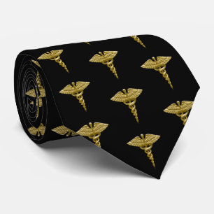 Classy Medical Gold Caduceus on Black Pattern Tie
