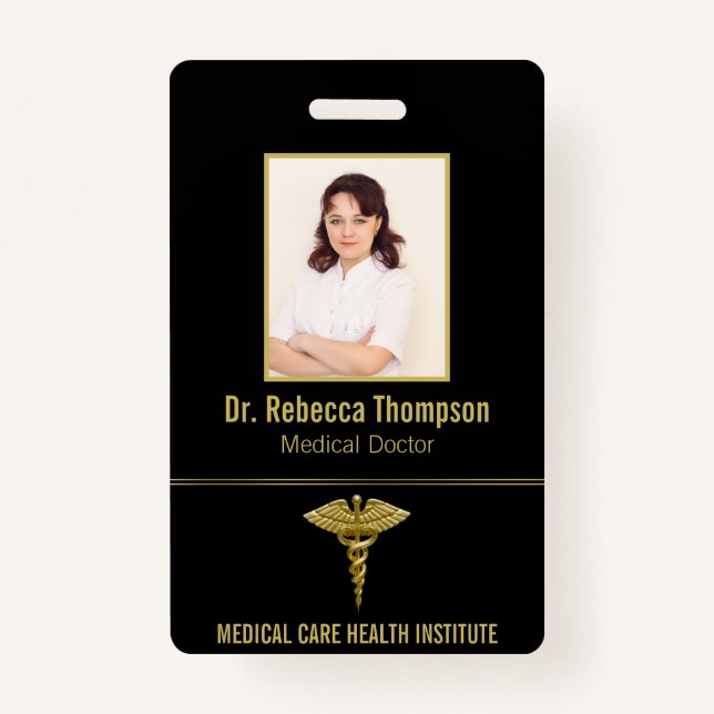 Classy Medical Gold Caduceus on Black Photo ID ID Badge (Front)