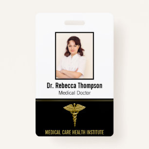 Classy Medical Gold Caduceus on Black Photo ID ID Badge