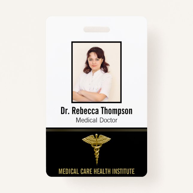 Classy Medical Gold Caduceus on Black Photo ID ID Badge (Front)