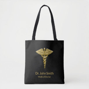 Classy Medical Gold Caduceus on Black - Tote Bag