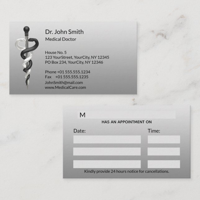Classy Medical Noble Elegant Black White Asclepius Appointment Card (Front/Back)