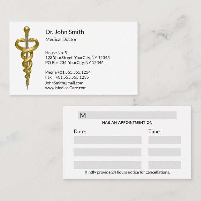 Classy Medical Noble Elegant Gold Silver Asclepius Appointment Card (Front/Back)