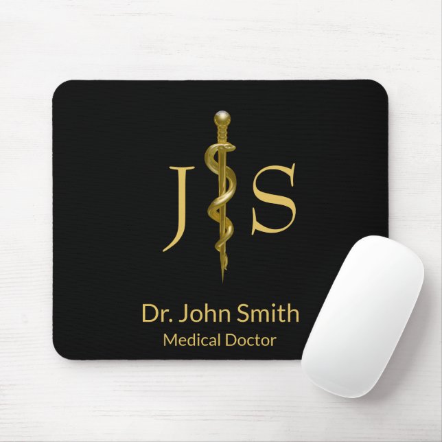 Classy Medical Rod of Asclepius Gold on Black Mouse Mat (With Mouse)