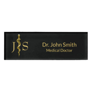 Classy Medical Rod of Asclepius Gold on Black Name Tag