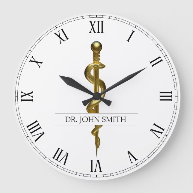 Classy Medical Rod of Asclepius Gold on White Large Clock (Front)
