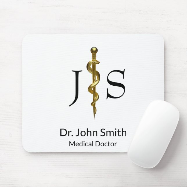Classy Medical Rod of Asclepius Gold on White Mouse Mat (With Mouse)
