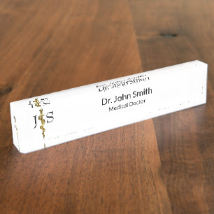 Classy Medical Rod of Asclepius Gold on White Nameplate