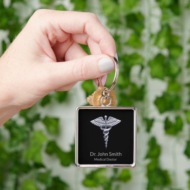 Classy Medical Silver Caduceus on Black Key Ring (Hand)