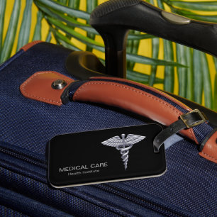 Classy Medical Silver Caduceus on Black Luggage Tag