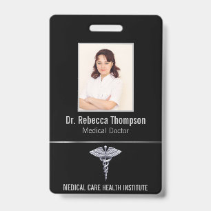 Classy Medical Silver Caduceus on Black Photo ID Badge