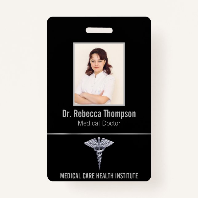 Classy Medical Silver Caduceus on Black Photo ID ID Badge (Front)
