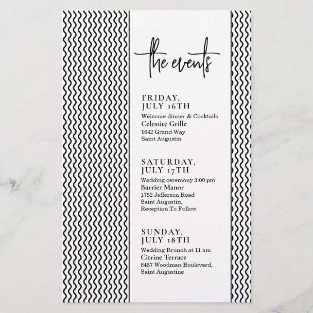 Classy Minimal Text Wedding Events Timeline (Front)