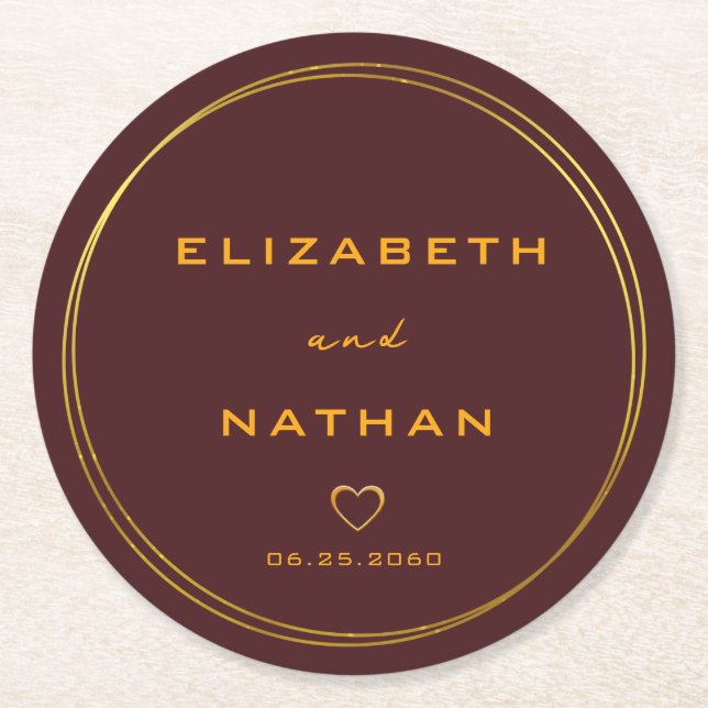 Classy Minimalist Burgundy & Gold Wedding  Round Paper Coaster (Front)