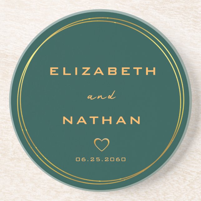 Classy Minimalist Emerald Green & Gold Wedding  Coaster (Front)