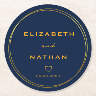 Classy Minimalist Gold Circles Navy Blue Wedding  Round Paper Coaster