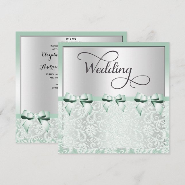 Classy Mint Green Bows & Lace Wedding Invitation (Front/Back)