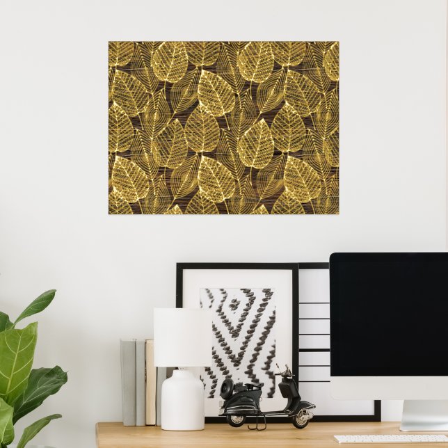 Classy Modern Abstract Leaves Art Pattern Gold Foil Prints (In Situ (Desk))