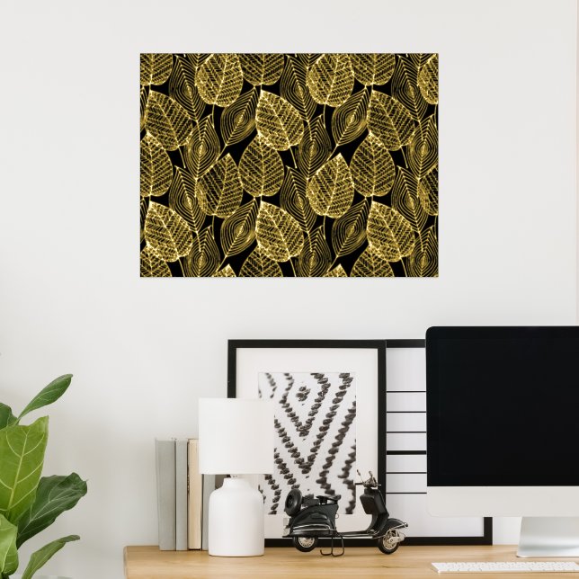 Classy Modern Abstract Leaves Art Pattern Gold Foil Prints (In Situ (Desk))