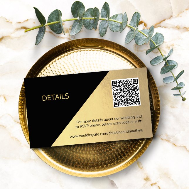 Classy Modern Black & Gold DETAILS QR code Wedding Enclosure Card (Creator Uploaded)