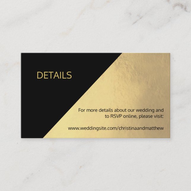 Classy Modern Black & Gold DETAILS Wedding Website Enclosure Card (Front)
