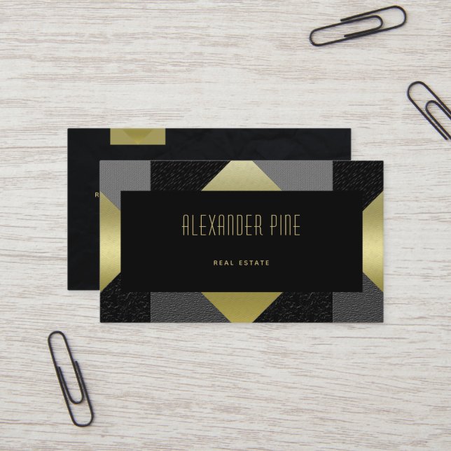 Classy Modern Black Gold Geometric Real Estate Business Card (Front/Back In Situ)