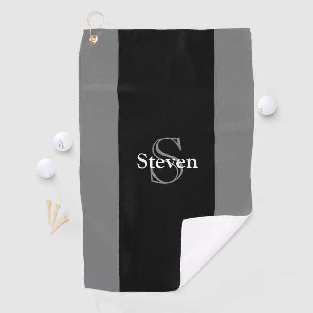 Classy Modern Black Grey Monogram Personalised Golf Towel (InSitu)