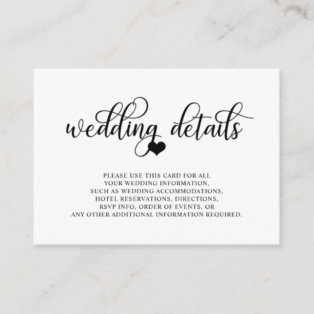 Classy Modern Black White Heart Wedding Details Enclosure Card (Front)