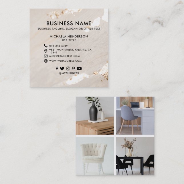 Classy Modern Gold Foil 4 Photo Social Media Icons Square Business Card (Front/Back)
