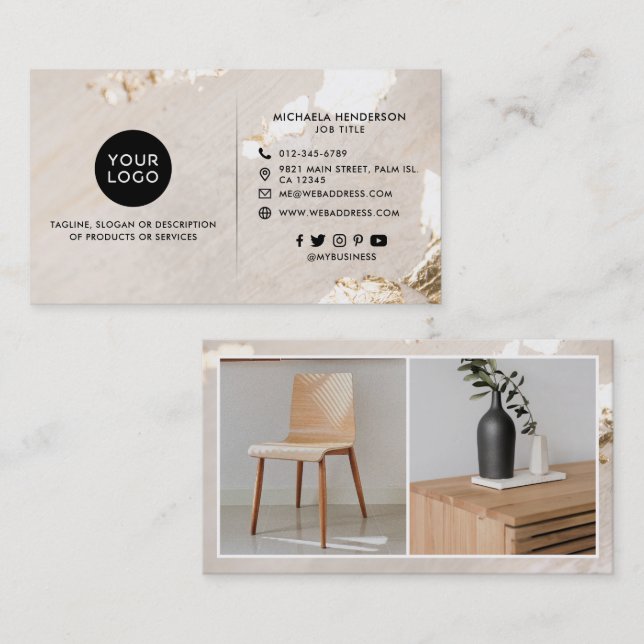Classy Modern Gold Foil Logo 2 Photos Social Media Business Card (Front/Back)