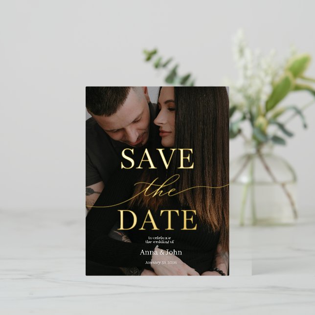 Classy Modern Gold Foil Save the Date Card (Standing Front)