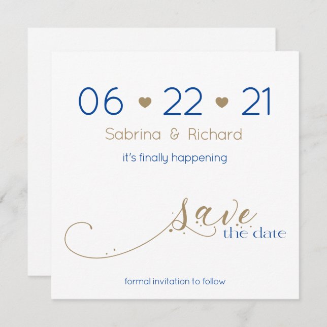 Classy Modern Minimalist Gold Navy Save the Date Invitation (Front/Back)