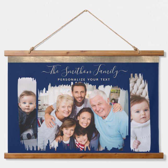Classy Modern Navy Blue Gold Add Your Photo Family Hanging Tapestry (Front)