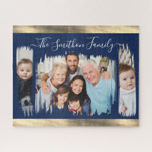 Classy Modern Navy Blue Gold Add Your Photo Family Jigsaw Puzzle