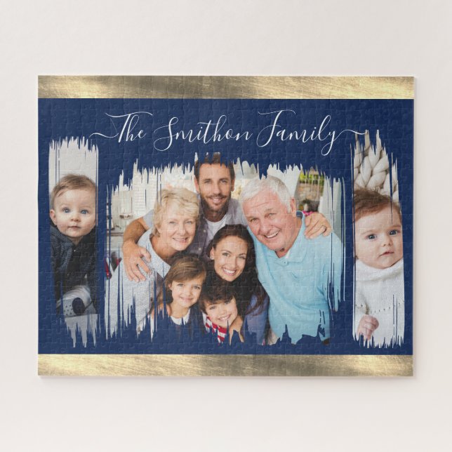Classy Modern Navy Blue Gold Add Your Photo Family Jigsaw Puzzle (Horizontal)