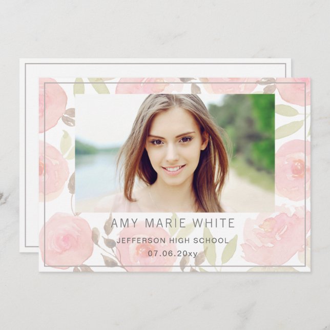 Classy Modern Pink Floral Photo Graduation Invitation (Front/Back)