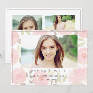 Classy Modern Pink Floral Photo Graduation Invitation