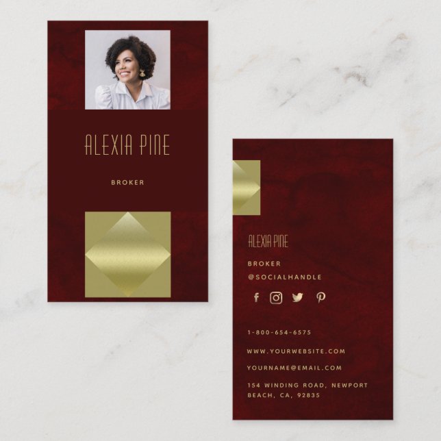 Classy Modern Professional Burgundy Gold Photo Business Card (Front/Back)