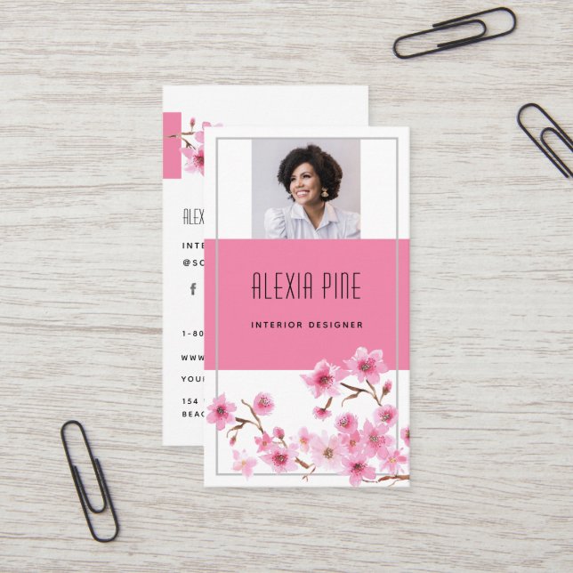 Classy Modern Professional Cherry Blossom Photo Business Card (Front/Back In Situ)