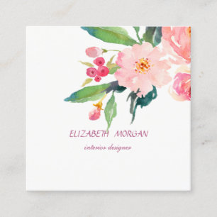 Classy Modern Romantic Watercolor Floral,White Square Business Card