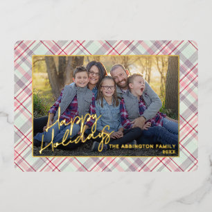 Classy Modern Rustic Pink Green Plaid Pattern Gold Foil Holiday Card