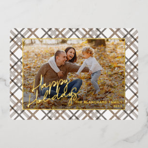 Classy Modern Taupe Brown Beige Plaid Pattern Gold Foil Holiday Card