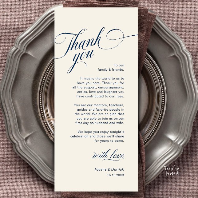 Classy Modern Wedding Place Setting Thank You Card (Classy Modern Wedding Place Setting Thank You Card in Navy Blue and Ivory)