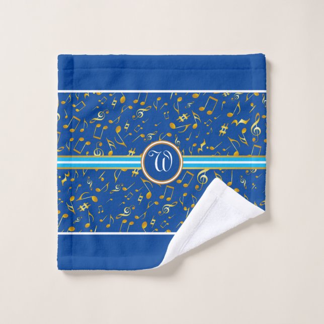 Classy Monogram FAUX Gold Music Notes on BLUE Bath Towel Set (Wash Cloth)