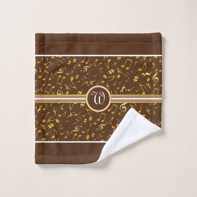 Classy Monogram FAUX Gold Music Notes on BROWN Bath Towel Set (Wash Cloth)