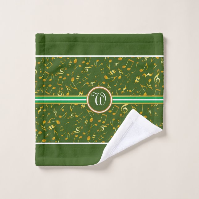 Classy Monogram FAUX Gold Music Notes on GREEN Bath Towel Set (Wash Cloth)
