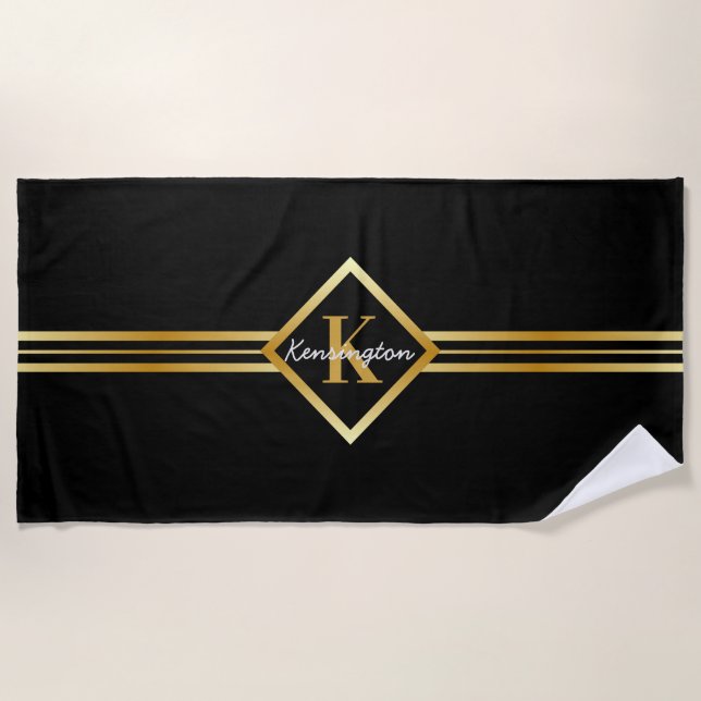 Classy Monogram Faux Gold with White Text on BLACK Beach Towel (Front)