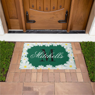 Classy monogram green and white daisy flower big doormat
