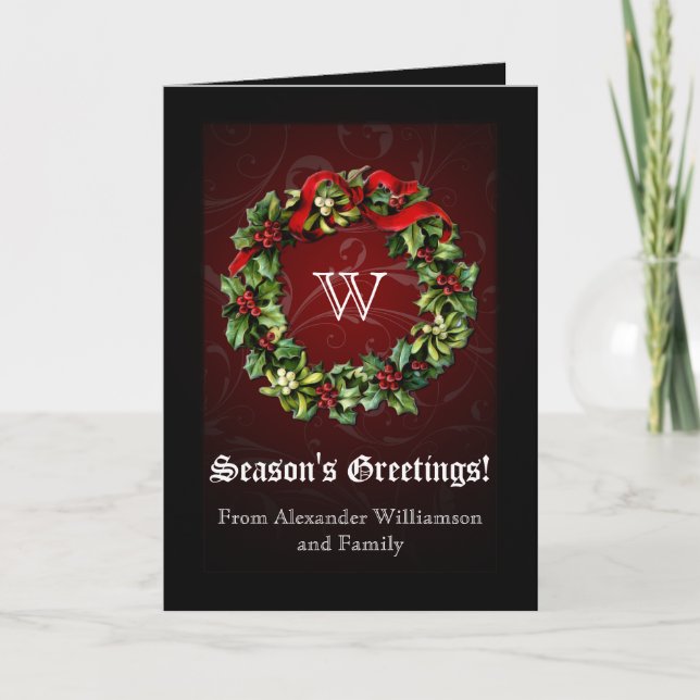 Classy Monogram Holly Wreath Holiday Card (Front)