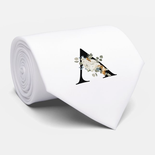 Classy Monogram Initial A with White Flowers Tie (Rolled)